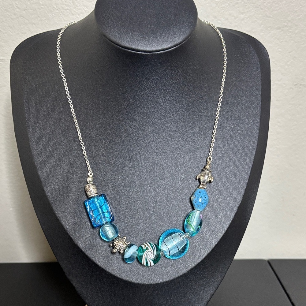 Blue Glass Nautical Turtle Fish Geometric Silver Tone Chain Necklace
